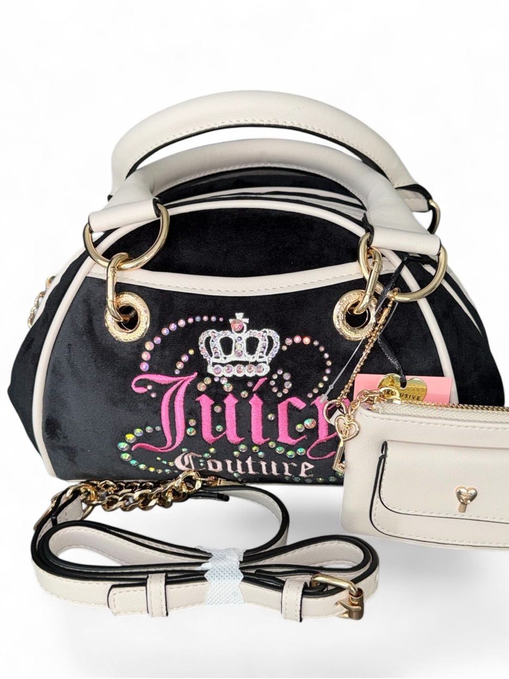 Juicy Couture “Dreamy” Black Satchel with Cream Trim and Pink Logo